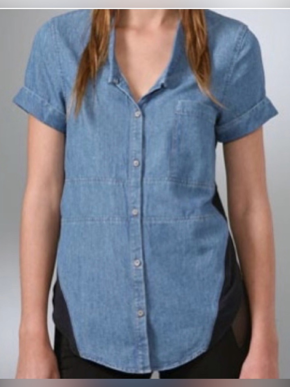 Helmut Lang Blue Black Colorblock Denim Collared Short Sleeve Button-Up Top M